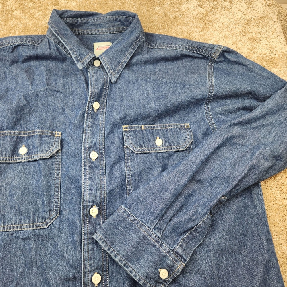 Genuine Dickies Mens Blue Denim Long Sleeve Button Down Work Shirt Large RN20697